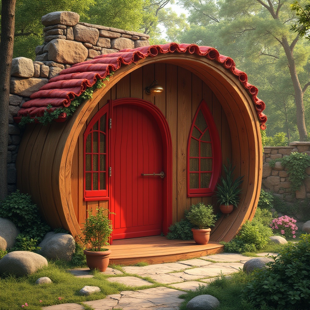 Prompt: Organic architecture, red accents, earthy tone, natural material, wooden structure, curved lines, flowing shapes, vibrant red door, bold red window frames, crimson roof tiles, rustic stone walls, lush greenery surroundings, serene forest background, warm soft lighting, 3/4 composition, shallow depth of field, emphasizing the red elements.