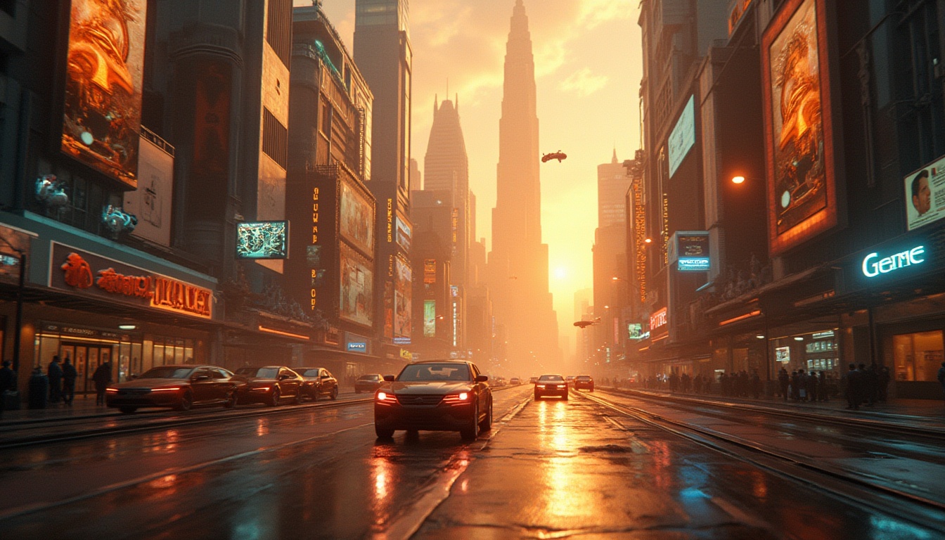 Prompt: Futuristic cityscape, Sienna color tone, warm golden light, sleek skyscrapers, curved lines, metallic materials, glass surfaces, neon lights, holographic advertisements, busy streets, flying cars, robots passing by, cyberpunk atmosphere, 3/4 composition, low-angle shot, cinematic depth of field, vibrant nighttime scene, soft focus, HDR.