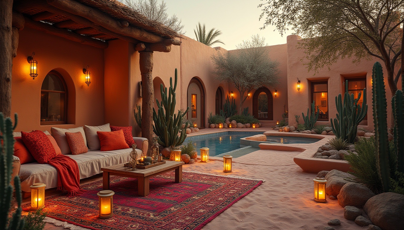 Prompt: Cozy oasis, harsh desert environment, sandy dunes, cacti, vibrant colored textiles, warm lanterns, intricately patterned rugs, plush cushions, Moroccan-inspired architecture, adobe structures, wooden accents, lush greenery, refreshing water features, misting system, atmospheric lighting, 3/4 composition, shallow depth of field, inviting atmosphere, relaxing ambiance.