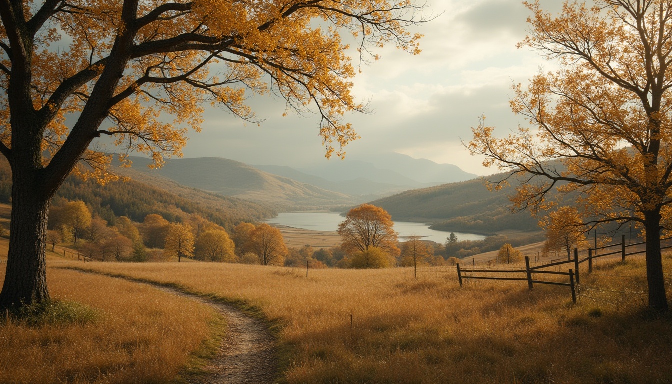 Prompt: Rural landscape, khaki color tone, casual clothing, relaxed fit, earthy atmosphere, natural scenery, trees with leafy branches, rolling hills, serene lake in distance, wooden fences, overcast sky, soft warm lighting, 3/4 composition, gentle breeze rustling leaves.