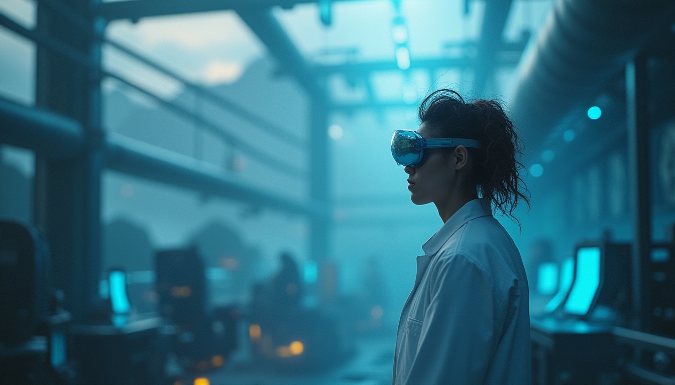 Prompt: Futuristic laboratory, mountainous landscape, majestic peaks, misty atmosphere, neon-lit tubes, steel beams, glass walls, sleek machinery, holographic displays, scientist in white coat, goggles, messy hair, intense focus, surrounded by futuristic equipment, eerie blue lighting, dramatic shadows, cinematic composition, 3/4 view, foreground blur, shallow depth of field.