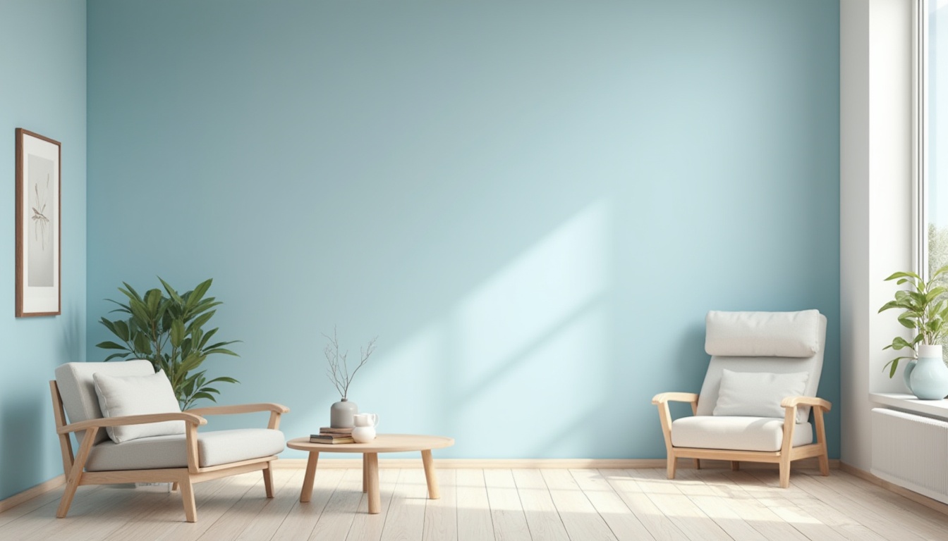 Prompt: Modern interior design, baby blue accent wall, minimalist furniture, low-poly 3D model, sleek lines, simple shapes, pastel color palette, softbox lighting, 3/4 composition, empty space, Scandinavian style, wooden floor, geometric patterns, abstract art pieces, modern coffee table, monochromatic theme, subtle texture, matte finish, calm atmosphere, warm ambient light, cinematic mood, shallow depth of field.