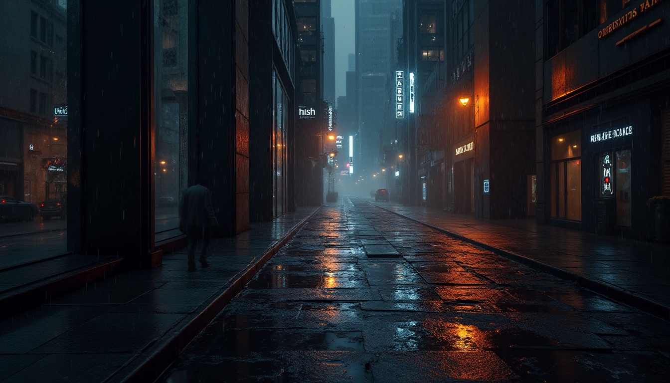 Prompt: dark themed, modern abstract background, bold geometric shapes, metallic accents, glossy finish, luxurious atmosphere, sophisticated mood, dramatic spotlight, high contrast, mysterious silhouette, leather textures, sleek lines, futuristic vibe, cityscape at night, rainy streets, neon lights reflecting on wet pavement.