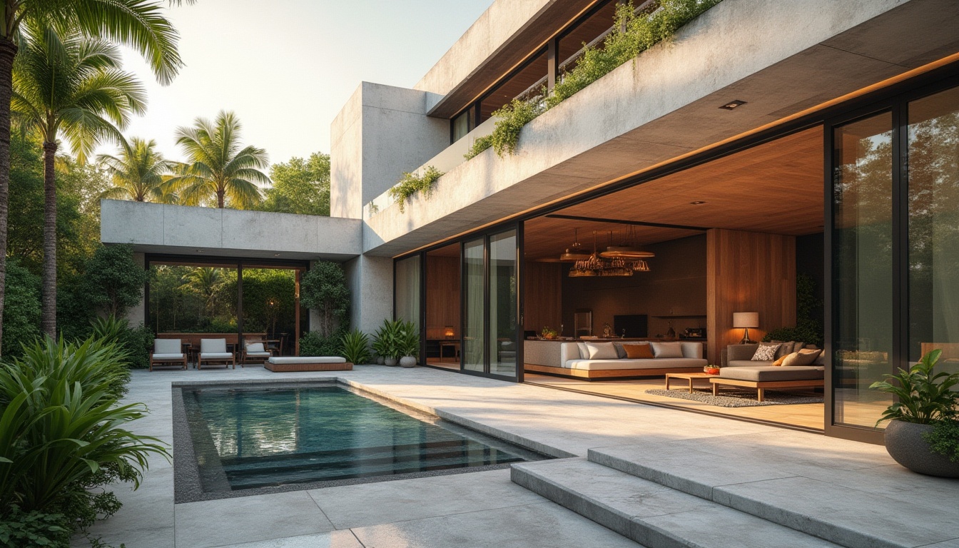 Prompt: Modern architecture, luxurious villa, Lavacrete walls, sleek lines, minimalist decor, floor-to-ceiling windows, sliding glass doors, indoor-outdoor connection, lush greenery surroundings, palm trees, tropical plants, warm sunlight, soft shadows, 3/4 composition, cinematic lighting, high-end furniture, marble floors, wooden accents.