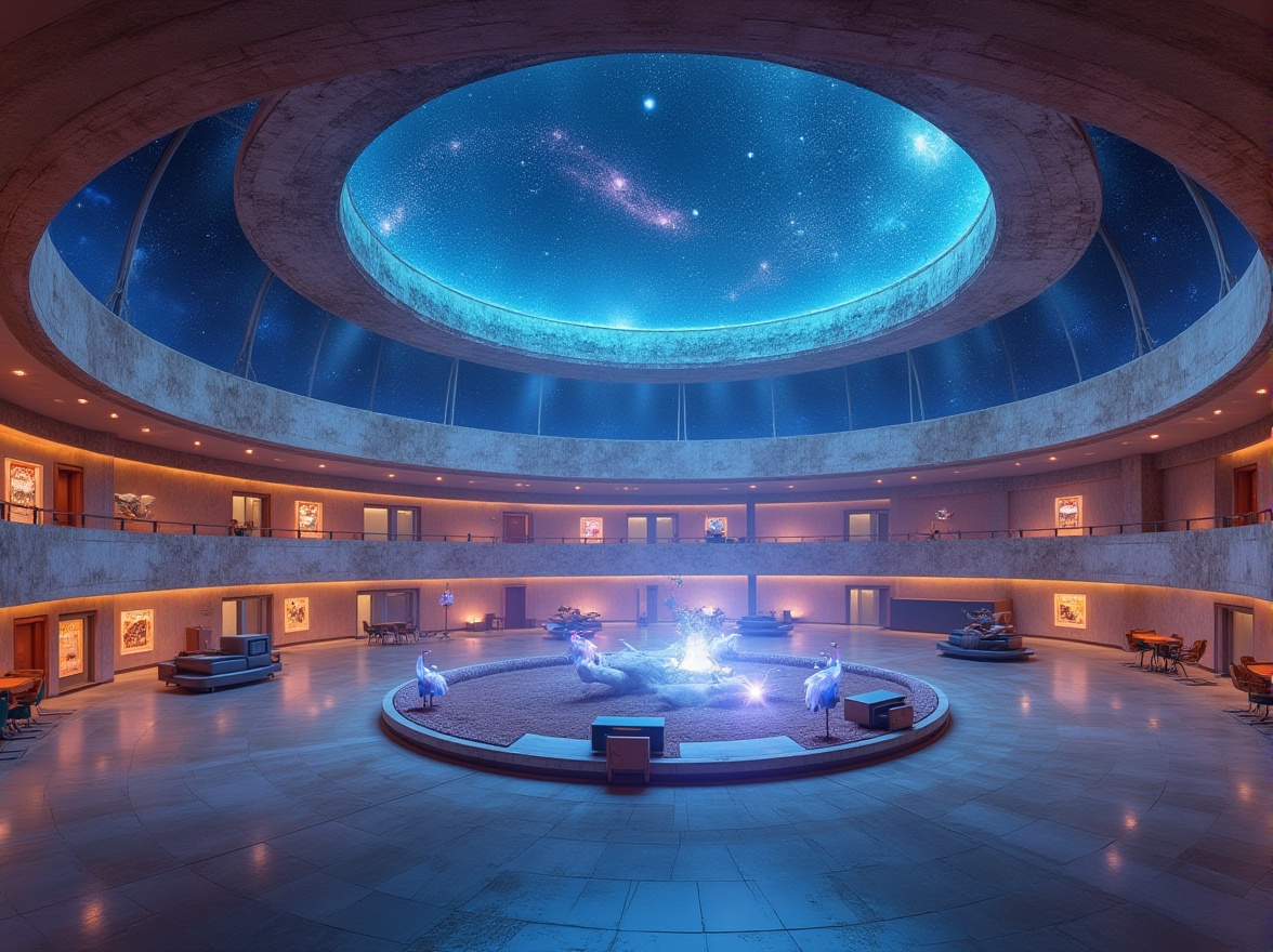 Prompt: Streamline Moderne planetarium, futuristic architecture, sandstone walls, curved lines, minimalist decorations, floor-to-ceiling windows, starry night sky projections, 3D astronomical displays, sleek metallic accents, ambient LED lighting, polished concrete floors, low-profile seating areas, circular observation decks, panoramic views of the cosmos, atmospheric mist effects, soft blue and purple hues, abstract space-inspired sculptures.