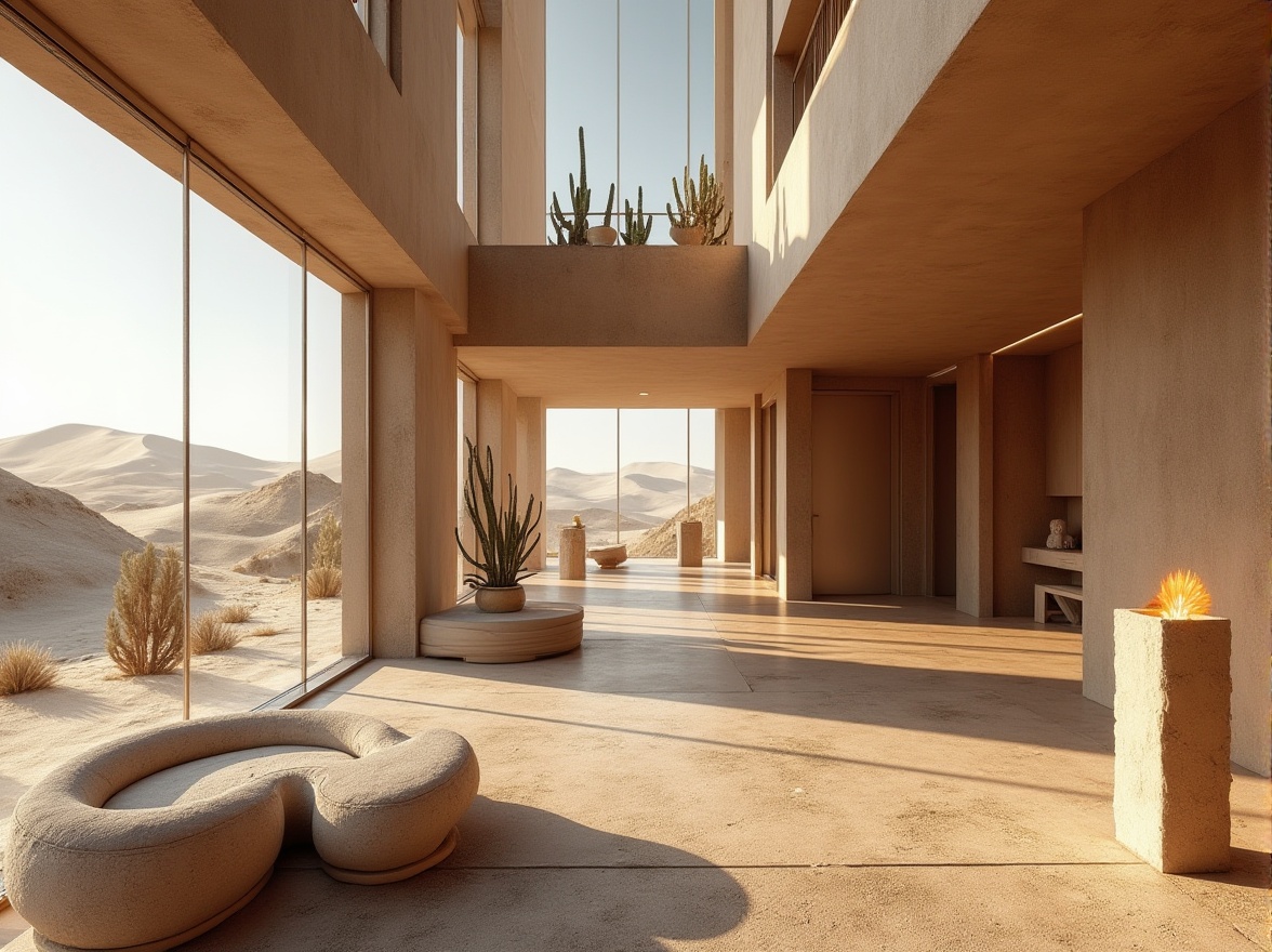 Prompt: Sand-casted materials, design concept, modern architecture, luxurious villa, large windows, minimalist interior, concrete walls, wooden floors, metallic accents, futuristic lighting, artistic sculptures, desert landscape, sandy dunes, cactus plants, warm sunlight, dramatic shadows, low-angle shot, wide-angle lens, natural texture, rough surface, earthy tone, abstract composition.