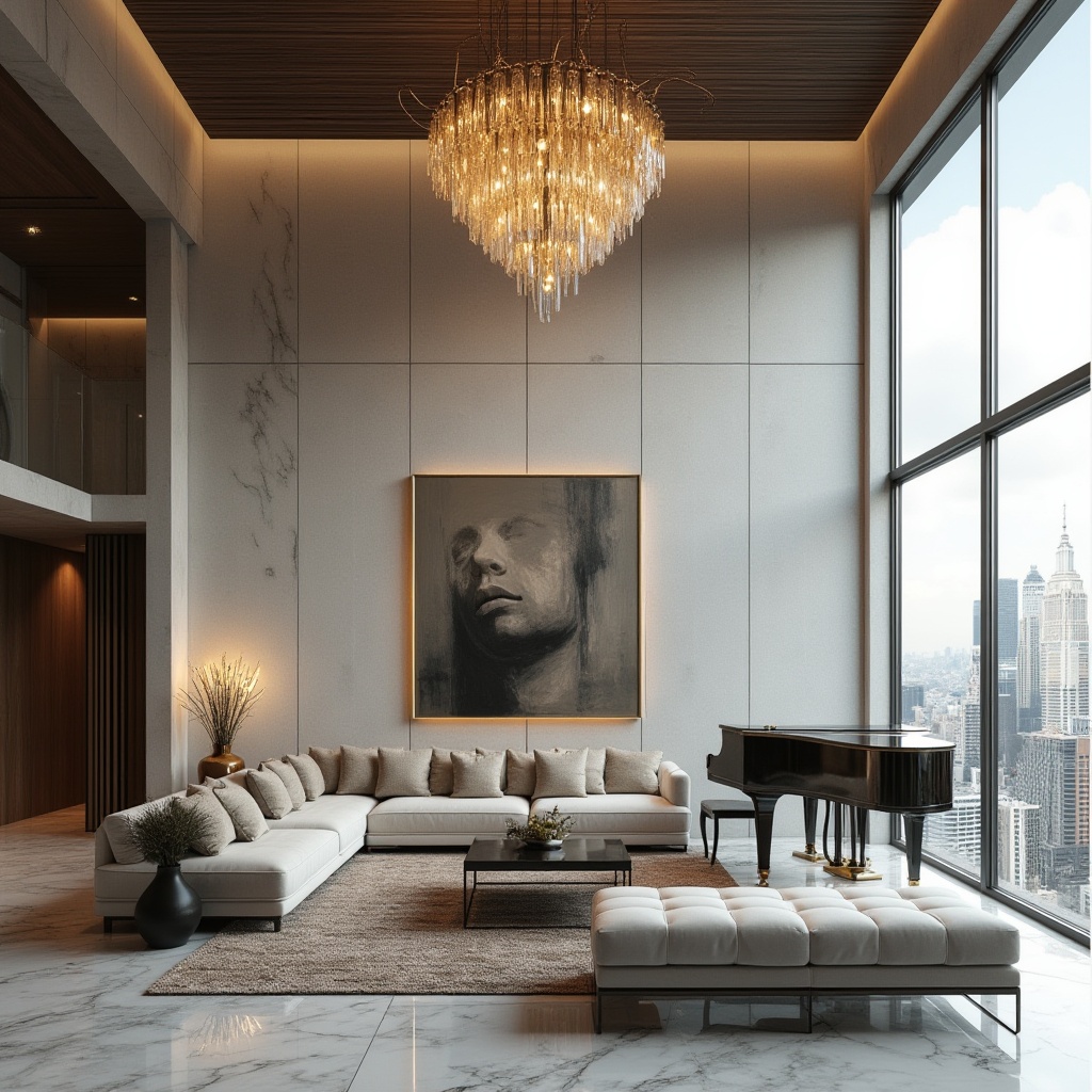 Prompt: Modern design, luxurious interior, Lavacrete accent wall, sleek lines, minimalist decor, elegant chandelier, marble floor, spacious room, tall ceiling, grand piano, velvet sofa, abstract artwork, floor-to-ceiling windows, cityscape view, daytime, soft natural light, shallow depth of field, cinematic composition.