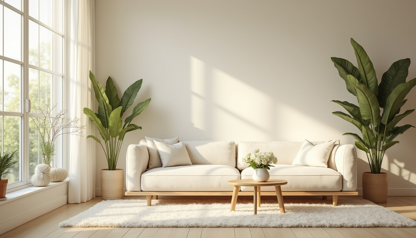 Prompt: Cream color, soothing ambiance, living room, modern minimalist interior design, comfortable couch, fluffy carpet, natural light, large windows, greenery plants, vase with white flowers, coffee table, simple decorative wall art, warm lighting, soft focus, shallow depth of field, 3/4 composition, relaxing atmosphere.