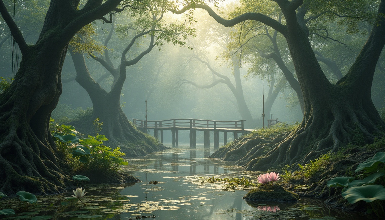 Prompt: Wetland ecosystem, misty atmosphere, murky waters, twisted tree roots, tangled vegetation, water lilies, lotus flowers, rustic wooden bridges, winding dirt paths, lush greenery, moss-covered rocks, foggy morning, warm sunlight filtering through fog, shallow reflections on calm water surface, serene ambiance, realistic textures, cinematic composition, nature reserve, conservation area, wildlife habitat.