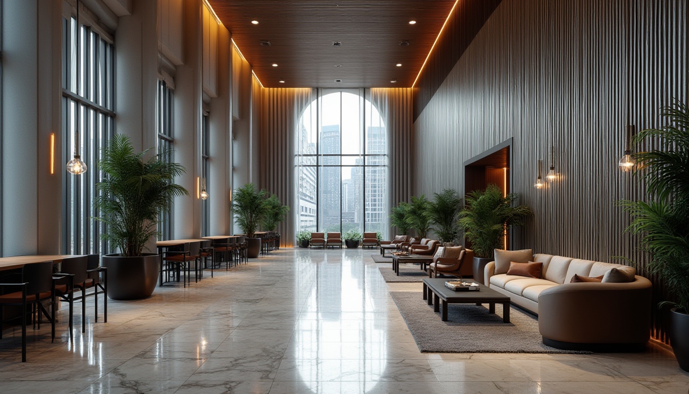 Prompt: Modern hotel lobby, corrugated metal wall decoration, geometric pattern, silver-gray color, sleek minimalist design, high ceiling, floor-to-ceiling windows, natural light pouring in, luxurious marble floors, elegant chandeliers, comfortable couches, potted plants, business center with wooden desks, black leather chairs, cityscape view outside, night scene, warm lighting, shallow depth of field.