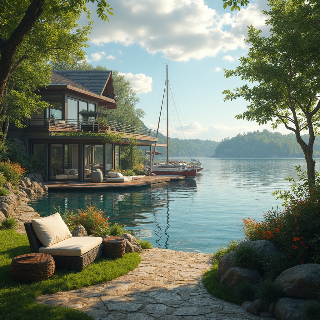 Prompt: Lakefront locations, serene atmosphere, luxurious villas, wooden docks, sailboats, yachts, calm waters reflecting surrounding trees, lush greenery, vibrant flowers, winding stone paths, outdoor furniture, comfortable cushions, warm sunlight, soft breezes, peaceful ambiance, panoramic views, 3/4 composition, natural lighting, cinematic feel, summer vibes, relaxing getaway.