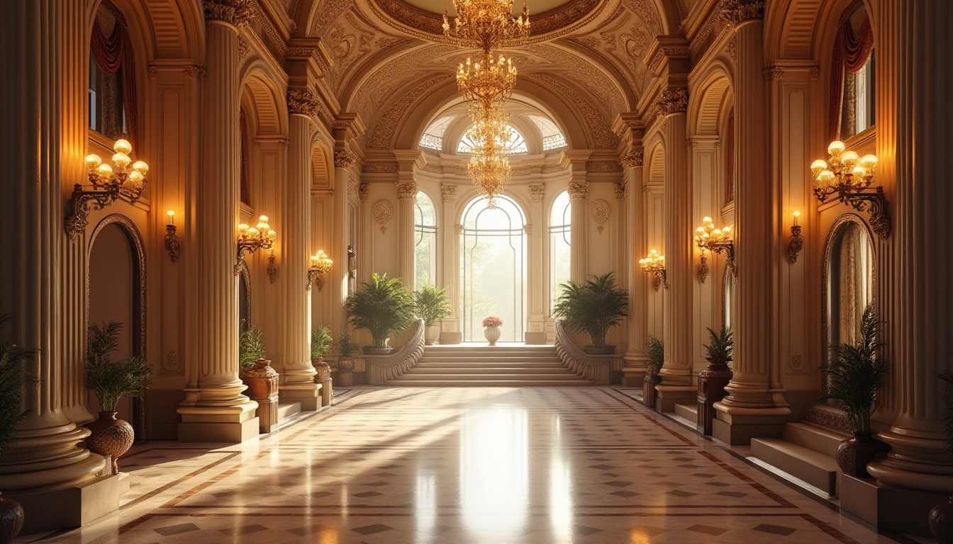 Prompt: Grand hotel lobby, renaissance style, ornate decorations, marble floors, high ceilings, chandeliers, intricate carvings, luxurious furnishings, velvet drapes, golden accents, lavish staircase, elegant archways, tall columns, majestic entrance, afternoon light, warm atmosphere, 3/4 composition, soft focus, depth of field, cinematic lighting.