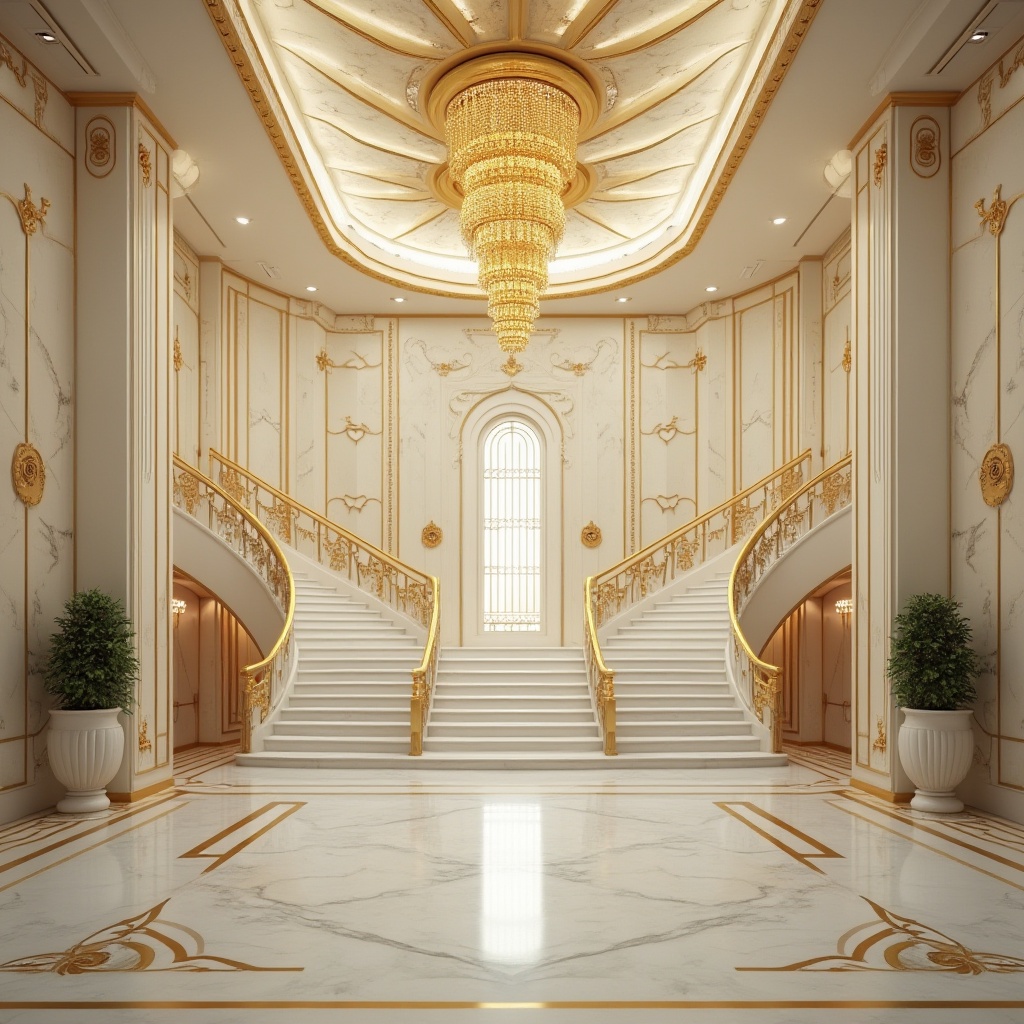 Prompt: Art Deco style, luxurious interior, geometric patterns, ornate details, golden accents, marble flooring, grand staircase, lavish chandelier, white walls, ornate plaster ceiling, curved lines, symmetrical composition, warm lighting, shallow depth of field, retro futuristic atmosphere, intricate textures, smooth surface finishes.