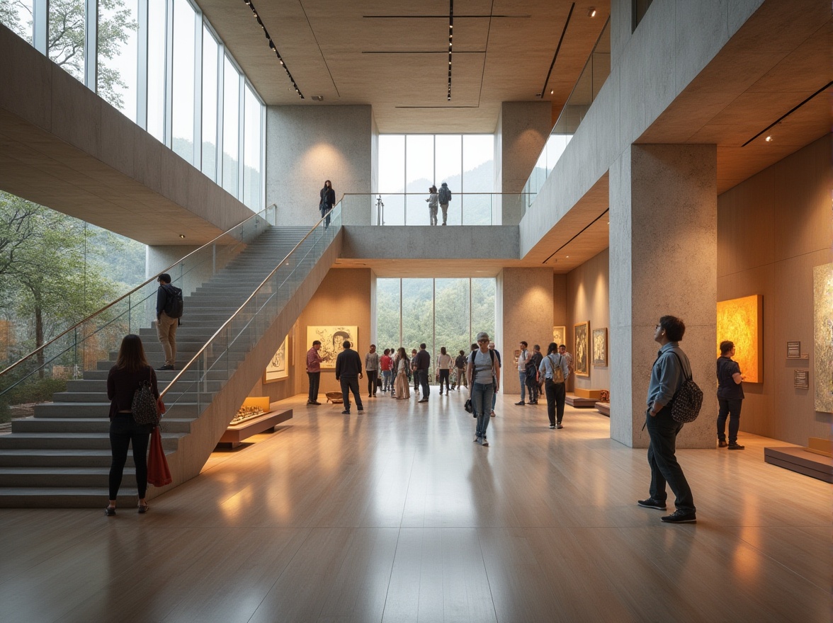 Prompt: Plateau-inspired museum interior, modern architecture, grand staircase, minimalist exhibit halls, stone-textured walls, glass roofs, natural light pouring in, wooden flooring, sleek metal handrails, interactive displays, futuristic lighting fixtures, ambient soundscape, calm atmosphere, visitors observing exhibits, solo or in groups, contemplative expressions, soft focus on people, sharp focus on plateau-inspired art pieces, warm color palette, subtle shadows, 3/4 composition, shallow depth of field, naturalistic rendering.