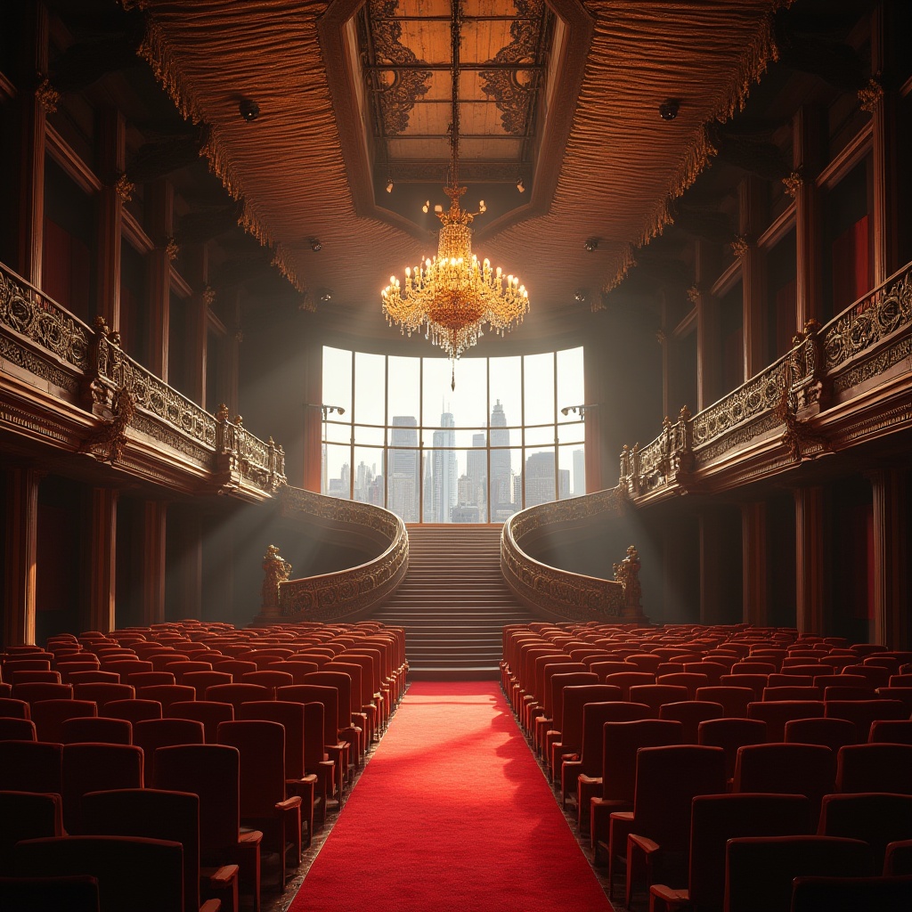 Prompt: Corrugated iron ceiling, modern auditorium interior, grand chandelier, rows of wooden chairs, crimson red carpet, elegant staircase, curved balcony, ornate golden railings, spotlights shining down, dramatic shadows, 3/4 composition, low-angle shot, warm soft lighting, luxurious atmosphere, daytime, natural light pouring in through large windows, urban cityscape outside, skyscrapers visible in the distance.