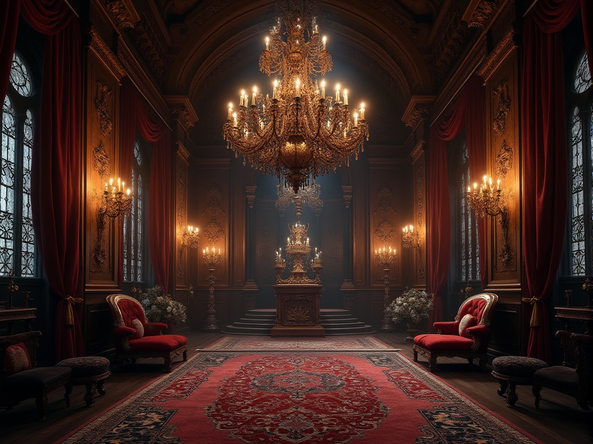 Prompt: Luxurious interior, gothic elegance, grand chandelier, intricate stone carvings, dark wood paneling, velvet drapes, ornate furniture, mysterious ambiance, warm candlelight, dimly lit, majestic archways, vaulted ceiling, stained glass windows, mystical atmosphere, rich textures, luxurious fabrics, antique accessories, mysterious shadows, dramatic lighting, opulent decor.