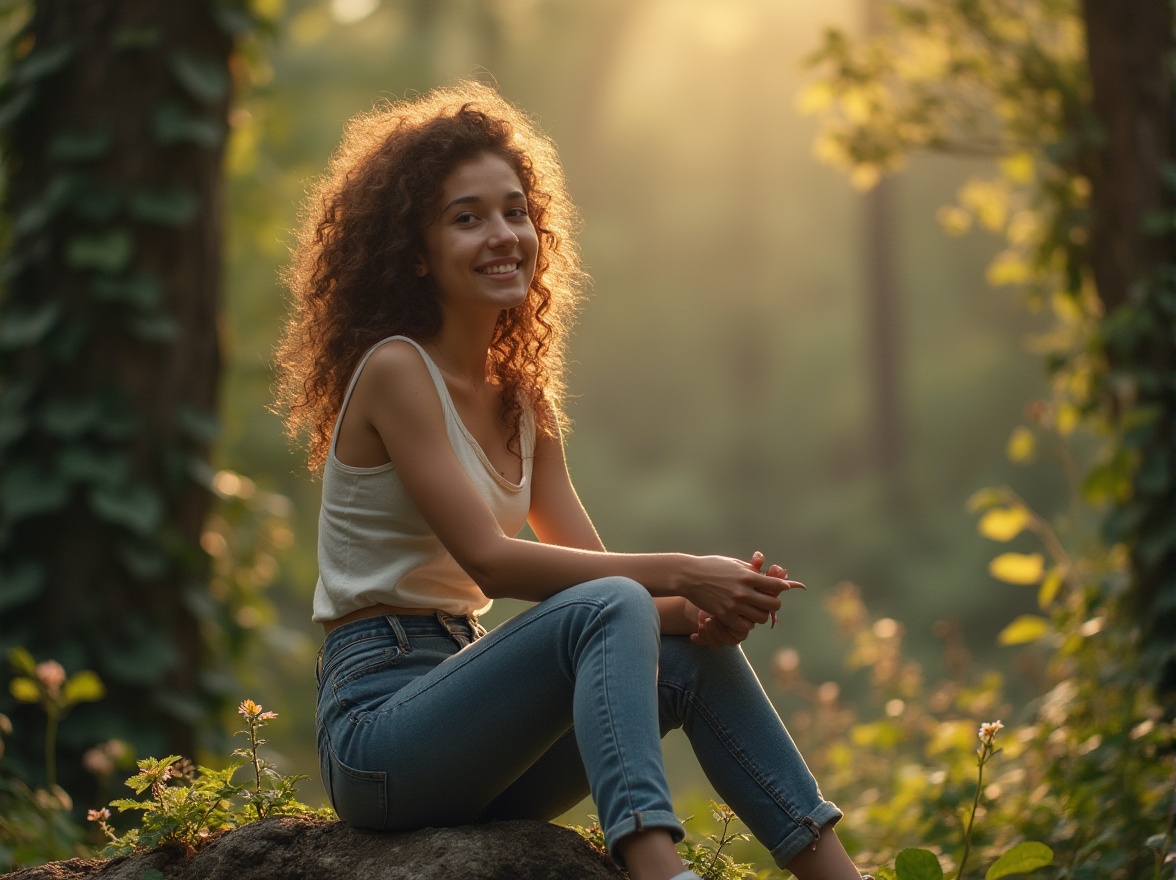 Prompt: Woman, 25yo, gentle smile, relaxed posture, messy curly brown hair, no makeup, casual wear, jeans, white tank top, sneakers, sitting on a rock, forest, surrounded by tall trees, vines, flowers, birds singing, warm sunlight filtering through leaves, dappled light, shallow depth of field, serene atmosphere, peaceful composition.