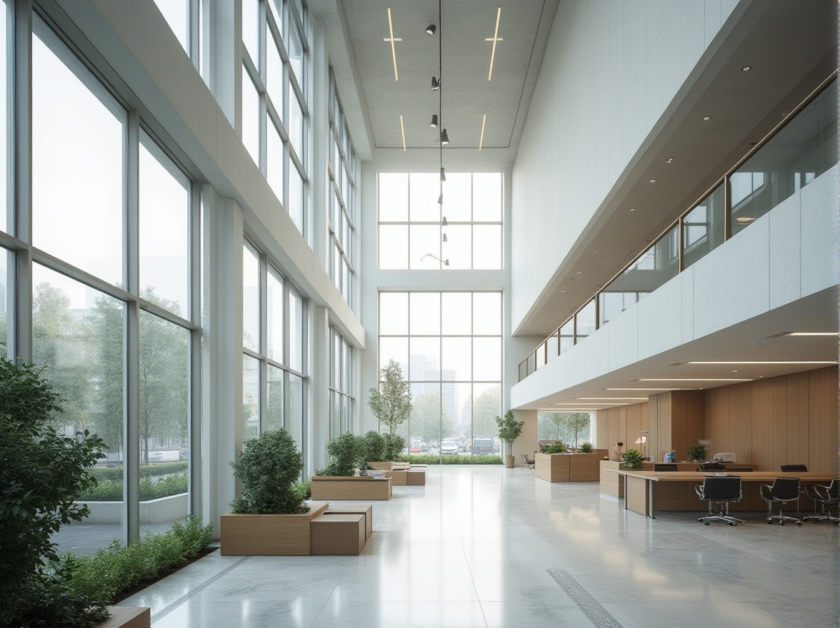 Prompt: Modern public administration building, minimalist architecture, clean lines, simple shapes, monochromatic color scheme, large glass windows, natural light, open spaces, minimal decorations, sleek metal handrails, polished concrete floors, sparse greenery, subtle wood accents, geometric patterns, functional furniture, calm atmosphere, soft indirect lighting, 3/4 composition, wide-angle shot, urban cityscape background, subtle mist effect.