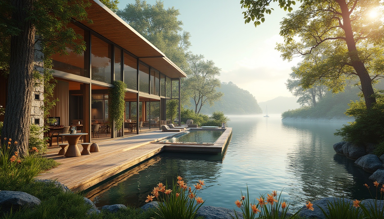 Prompt: Lakefront villa, luxurious, modern architecture, floor-to-ceiling windows, sliding glass doors, surrounded by lush greenery, tall trees, blooming flowers, natural stone walls, wooden deck, outdoor seating area, lake views, serene atmosphere, warm sunlight, gentle breeze, rippling water reflections, sailboats in the distance, misty morning, soft focus, cinematic composition.