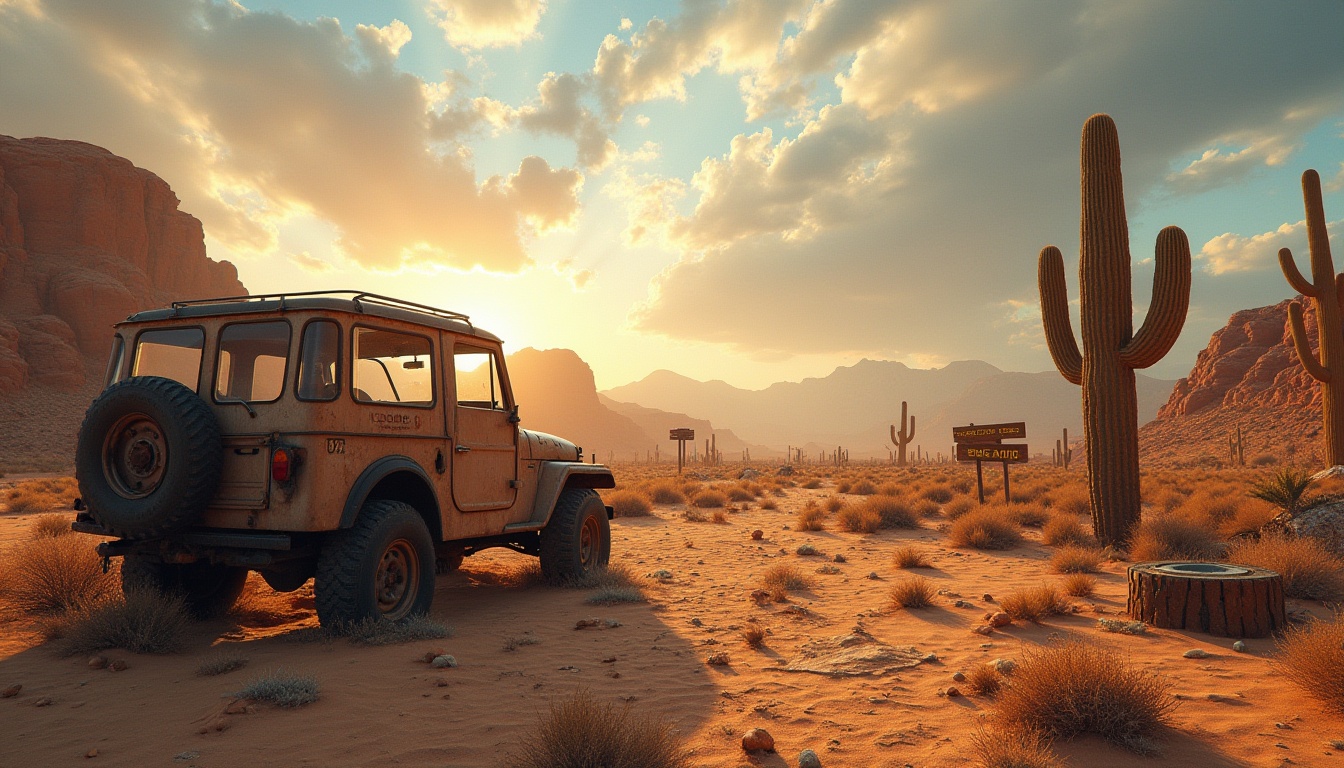 Prompt: Desert landscape, arid climate, sandy dunes, cacti, rocky outcrops, abandoned jeep, worn tires, rusty metal, old wooden signs, faded paint, cracked earth, sparse vegetation, vast emptiness, dramatic skies, intense sunlight, harsh shadows, atmospheric perspective, warm color palette, cinematic composition, 3/4 view, low angle shot, golden hour lighting.