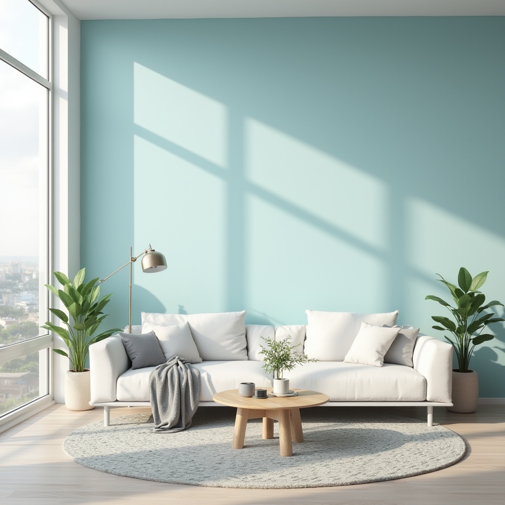 Prompt: Modern minimalist interior, baby blue accent wall, sleek white couch, geometric patterned rug, metal floor lamp, wooden coffee table, potted plants, large windows, cityscape view, morning light, soft focus, 3/4 composition, shallow depth of field, pastel color palette, clean lines, minimal ornamentation, Scandinavian style, Nordic aesthetic.