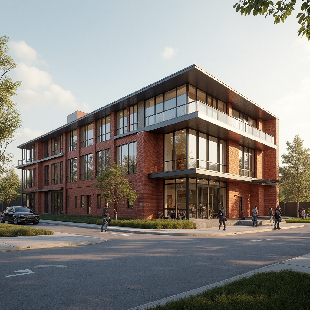 Prompt: Modern high school, streamline Moderne architecture, brick material, red brick facade, glass windows, metal frames, sleek lines, minimal ornamentation, flat roof, urban cityscape background, afternoon sunlight, warm ambient lighting, 3/4 composition, panoramic view, depth of field, detailed texture, realistic rendering.