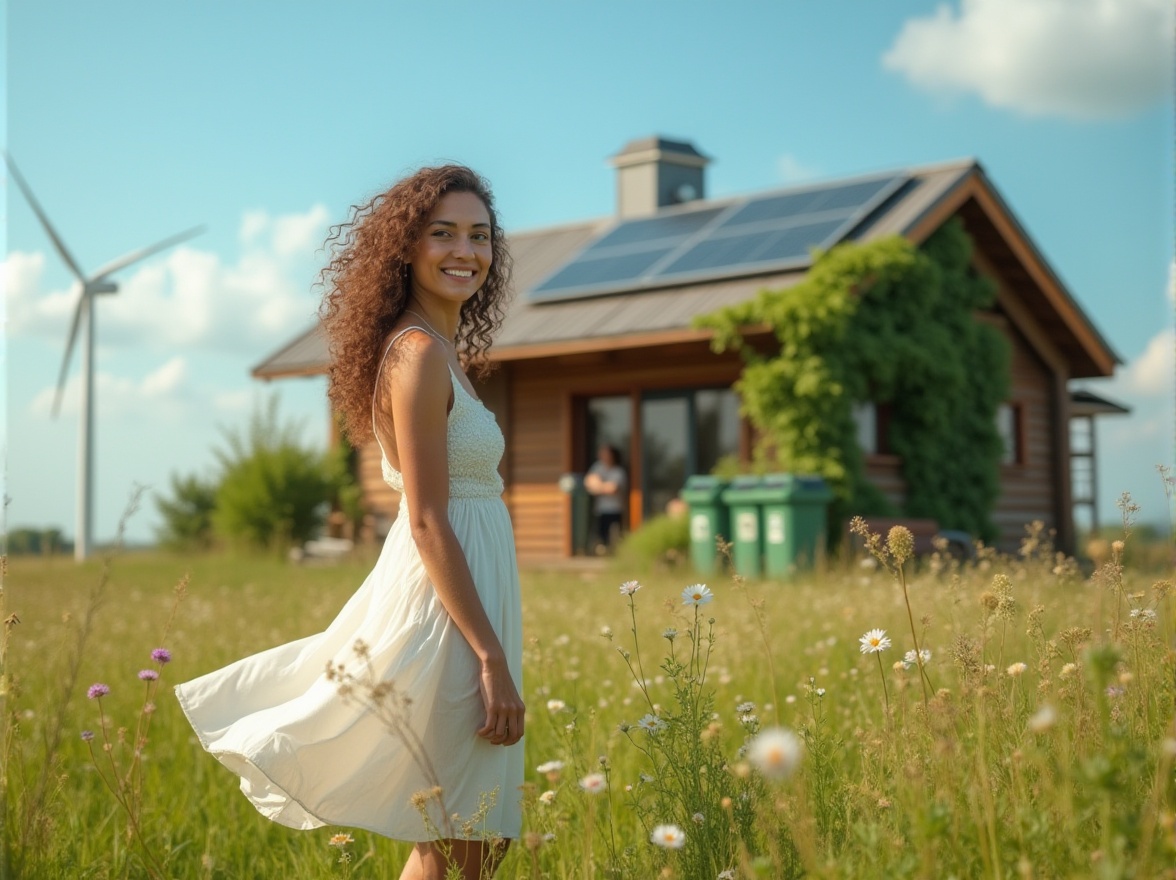 Prompt: Eco-friendly woman, 25yo, smiling, natural makeup, curly brown hair, green eyes, white flowing sundress, bare feet, standing, grassland, wildflowers blooming, blue sky, fluffy clouds, wooden eco-house, solar panels, wind turbine, recycling bins, compost heap, organic garden, vines crawling up the house, gentle breeze, warm sunlight, soft focus, cinematic composition, 3/4 view.