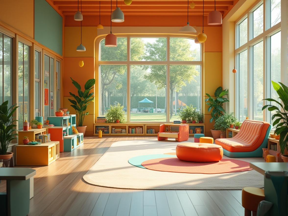 Prompt: Suburban kindergarten, vibrant color scheme, modern minimalist design, large windows, natural light, greenery indoor plants, wooden floors, soft carpet, cozy reading nook, colorful artwork, playful kid-sized furniture, open layout, collaborative learning spaces, circular gathering areas, educational display boards, interactive whiteboards, outdoor play area, climbing structures, sandbox, swings, slides, safe rubber flooring, surrounded by trees, gentle slope, serene natural environment, warm afternoon sunlight, soft focus, 3/4 composition.