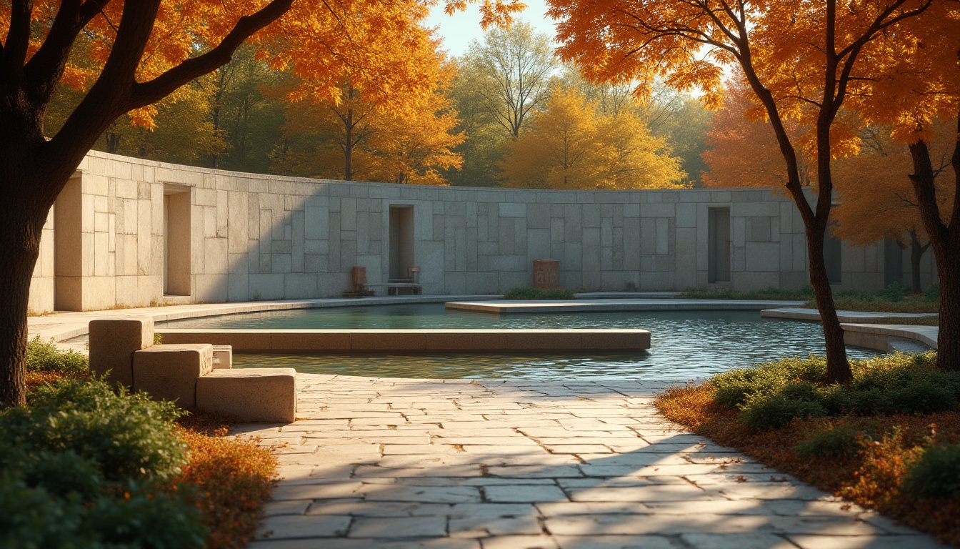 Prompt: Sandstone memorial center, solemn atmosphere, natural scenery, autumn trees with golden leaves, tranquil pond, reflecting pool, gentle ripples, walking path made of sandstone pavers, memorial wall with engraved names, benches surrounded by lush greenery, warm lighting, soft focus, cinematic composition, depth of field, realistic textures, architectural details, weathered sandstone surfaces, subtle cracks and erosion, intricate carvings, historic feel, nostalgic ambiance.