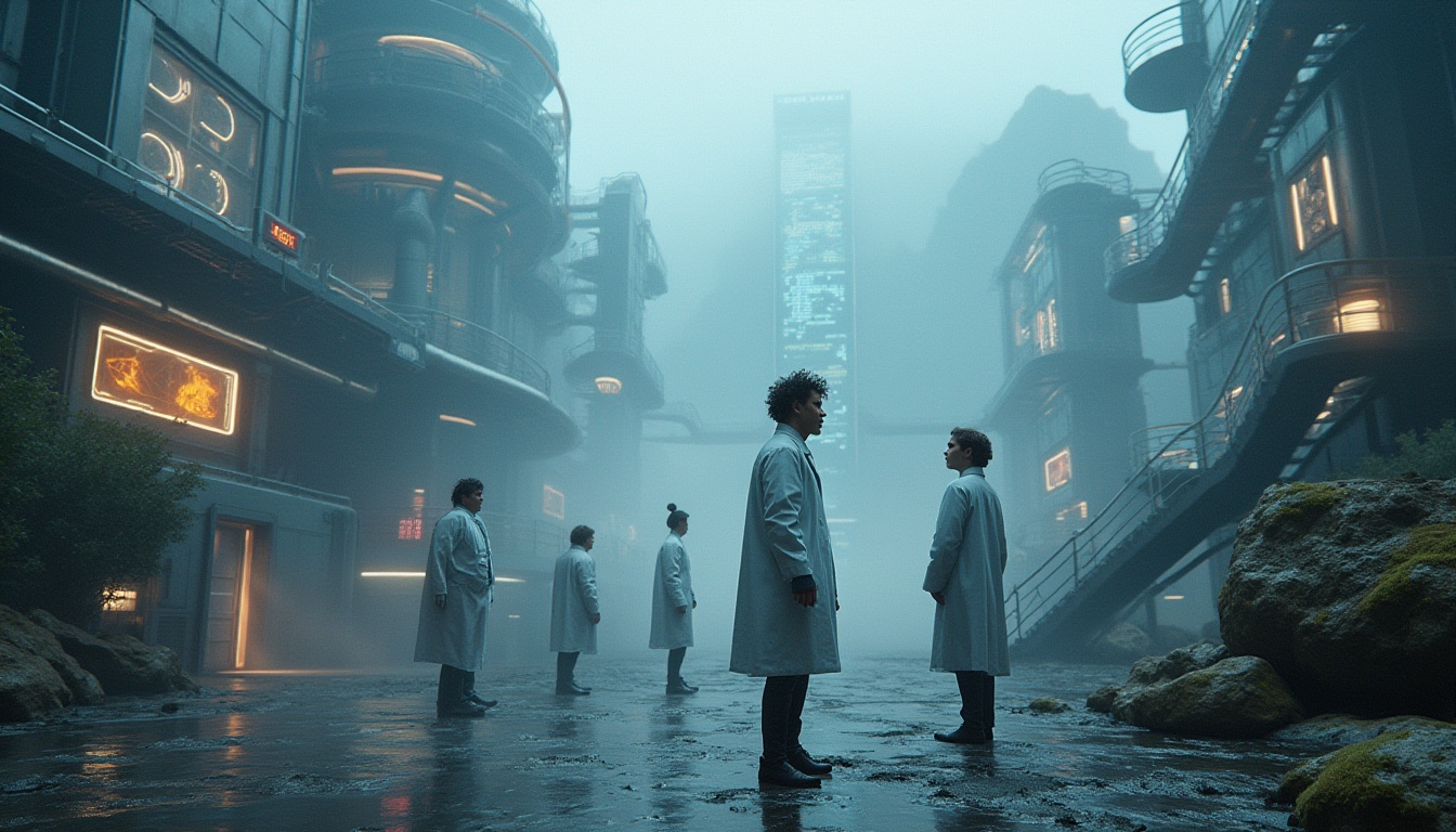 Prompt: Futuristic laboratory, mountainous landscape, misty atmosphere, sleek metallic structures, neon lights illuminating foggy air, winding staircases, intricate pipelines, massive machinery, holographic displays, virtual screens, levitating objects, robotic assistants, scientists in futuristic attire, white lab coats, goggles, gloves, messy hair, intense facial expressions, dramatic lighting, cinematic composition, 3/4 angle shot, shallow depth of field, Cyberpunk, Sci-Fi elements, misty mountainside, ancient trees, overgrown vegetation.