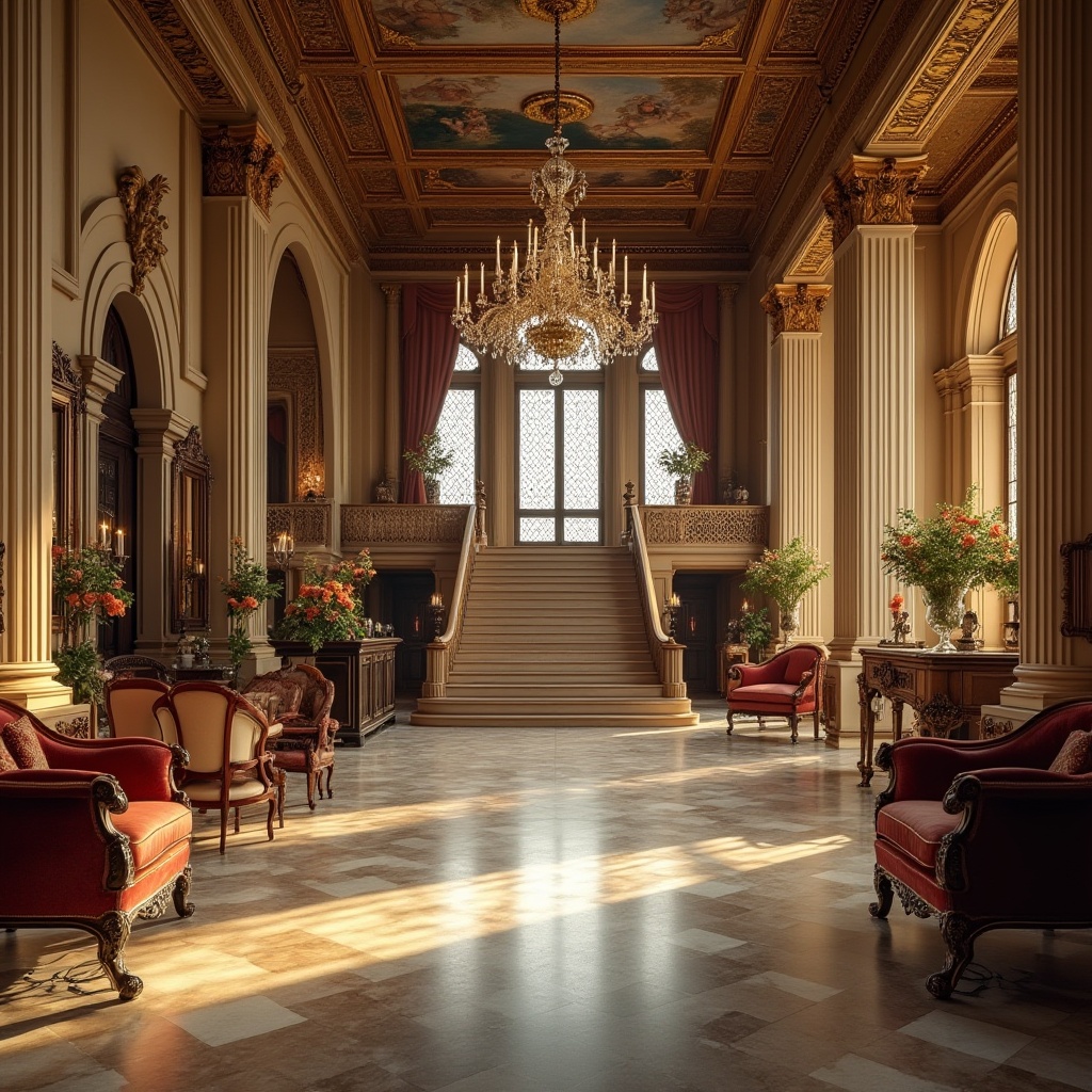 Prompt: Luxurious hotel lobby, grand staircase, ornate chandelier, marble floors, high ceilings, intricately carved wooden furniture, velvet drapes, Renaissance-inspired frescoes on ceiling, elegant candelabras, lavish flower arrangements, ornate mirrors, luxurious seating areas, warm lighting, golden ratio composition, 3/4 view, classical columns, archways, grand entrance, historic city center, Florence, Italy, afternoon sunlight filtering through stained glass windows.