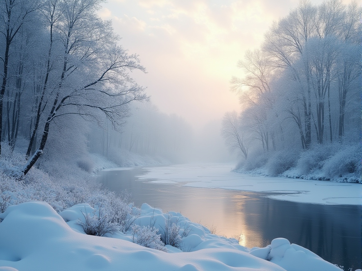 Prompt: Riverbank scenery, snow-covered trees, serene atmosphere, gentle slope, frozen river, misty morning, soft focus, warm lighting, tranquil composition, peaceful ambiance, white and blue color palette, subtle texture, frosty air, winter season, natural environment, 3/4 view, cinematic mood, dreamy effect.