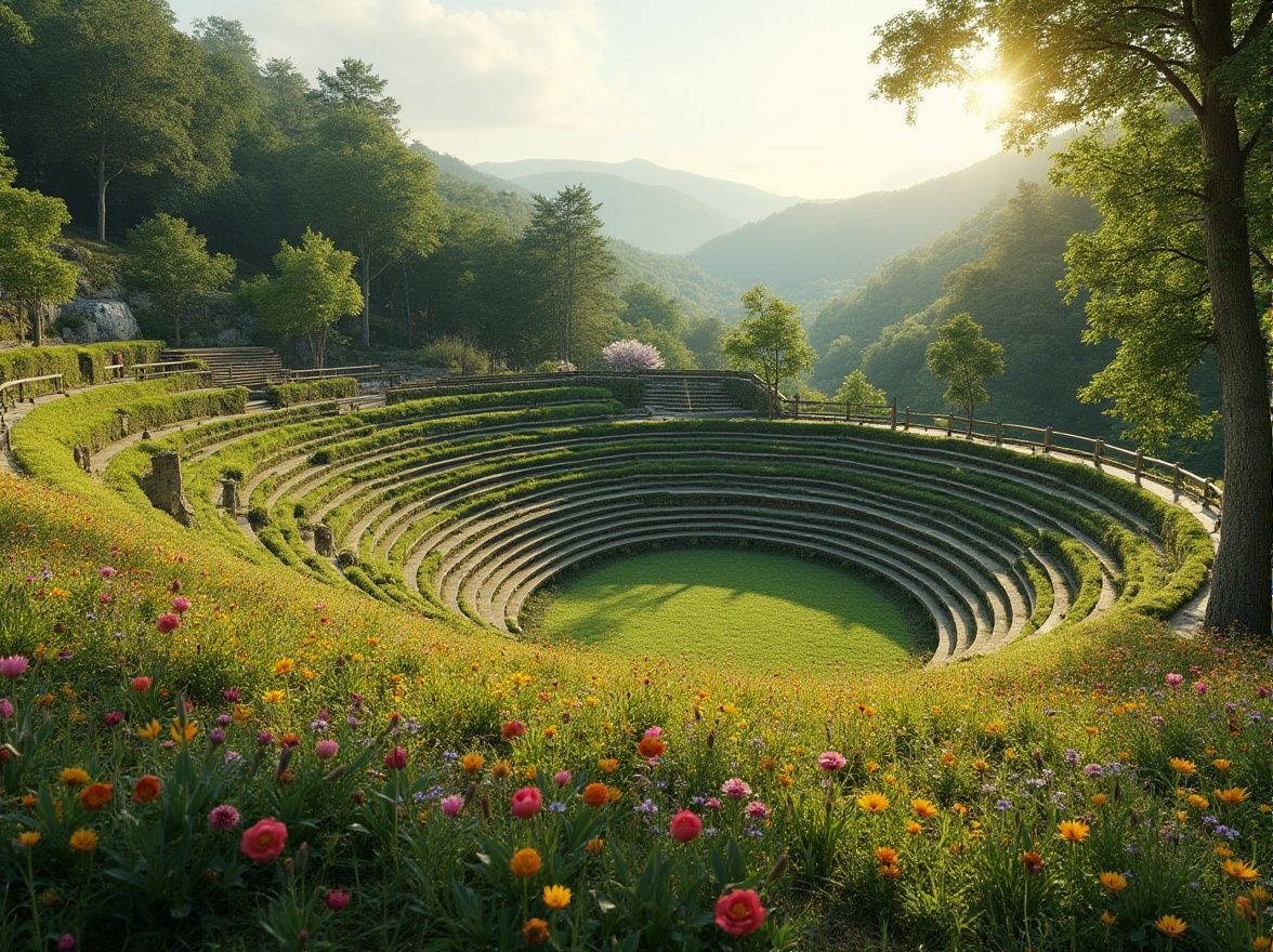 Prompt: Amphitheater design, integrating grassland, natural scenery, green hills, curved seating area, wooden benches, rustic railings, wildflowers blooming in vibrant colors, gentle slope, soft sunlight filtering through trees, warm ambiance, 3/4 composition, panoramic view, cinematic lighting, realistic texture, lush vegetation, serene atmosphere.