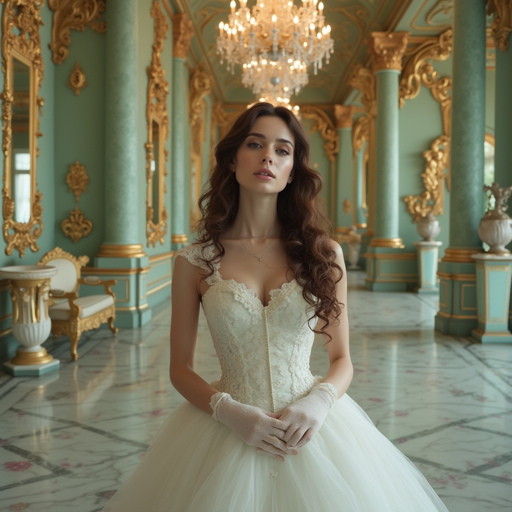 Prompt: Mint color accents, luxurious velvet fabric, golden ornate frames, intricate carvings, lavish furnishings, modern twist, Renaissance design, elegant lady, solo, (25yo), curly brown hair, soft makeup, lace gloves, pearl necklace, flowing white dress, ruffles, corset, standing, majestic ballroom, grand staircase, crystal chandelier, marble floor, floral patterns, ornate mirrors, warm lighting, cinematic composition, 3/4 view.