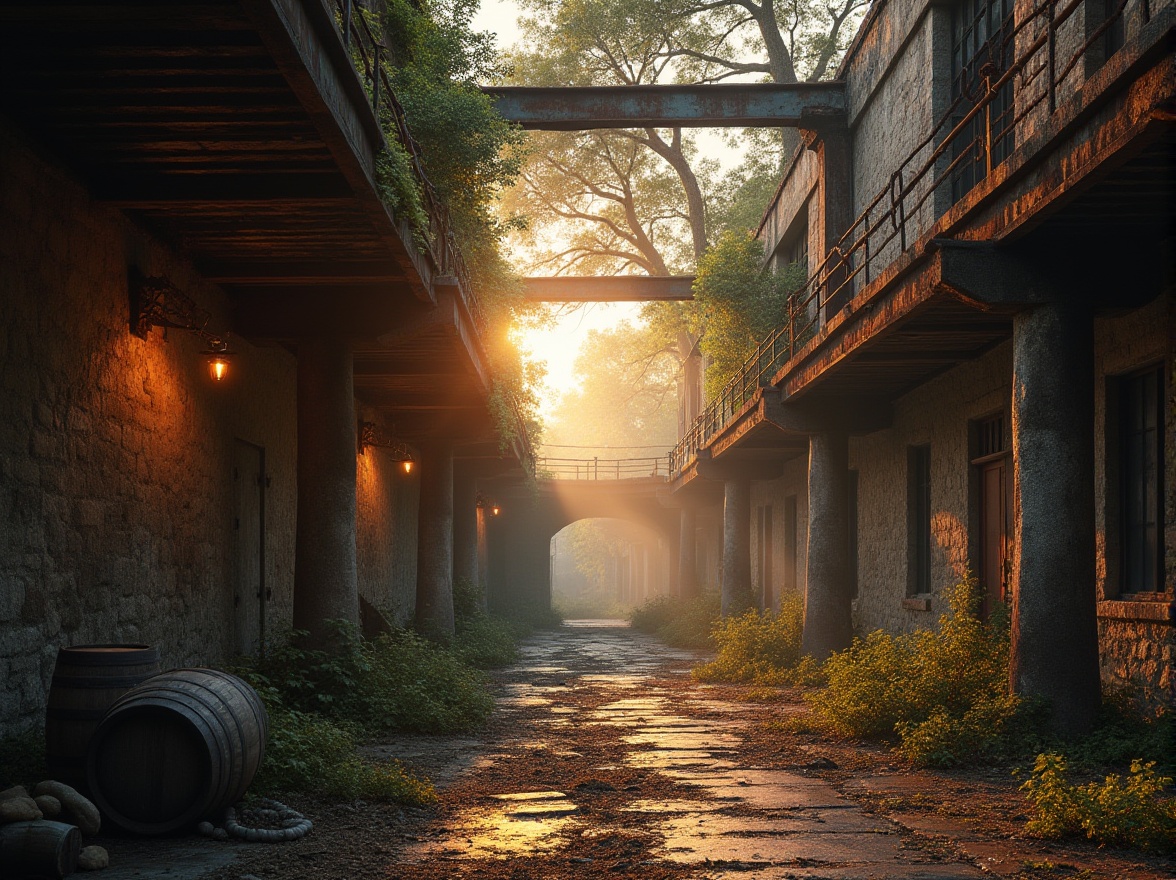 Prompt: Deconstructivist winery, abandoned industrial architecture, rusty metal beams, crumbling stone walls, overgrown vines, wooden barrels scattered, broken wine glasses, old oak trees surrounding, golden hour lighting, warm ambient glow, misty atmosphere, eerie silence, 3/4 composition, cinematic mood, high contrast, dramatic shadows, vintage color palette.