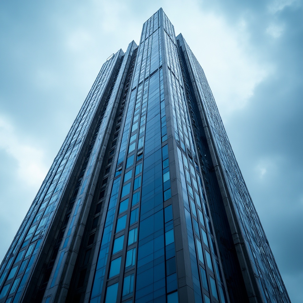 Prompt: Navy blue skyscraper, modern architecture, bold design, glass windows, steel frames, sharp edges, geometric shapes, urban cityscape, cloudy sky, dramatic lighting, low-angle shot, powerful composition, reflection on glass surface, metallic sheen, contemporary style, sleek lines, grandeur scale, monumental structure.