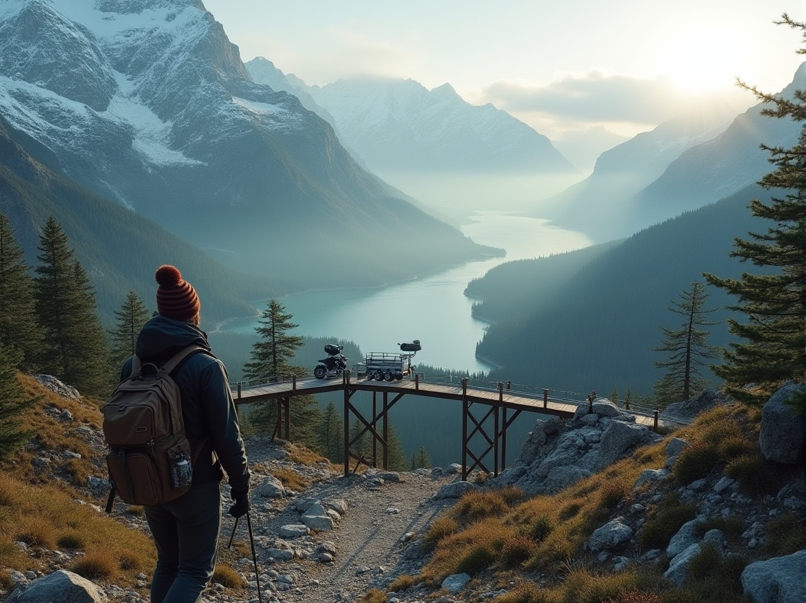 Prompt: Mountainous landscape, rugged terrain, rocky cliffs, snow-capped peaks, misty atmosphere, serene lakes, pine trees, rustic wooden bridges, winding mountain roads, vintage off-road vehicles, adventurous hiker, warm beanie, windbreaker jacket, backpack, trekking poles, scenic overlooks, dramatic sunsets, cinematic fog, low-key ambient lighting.