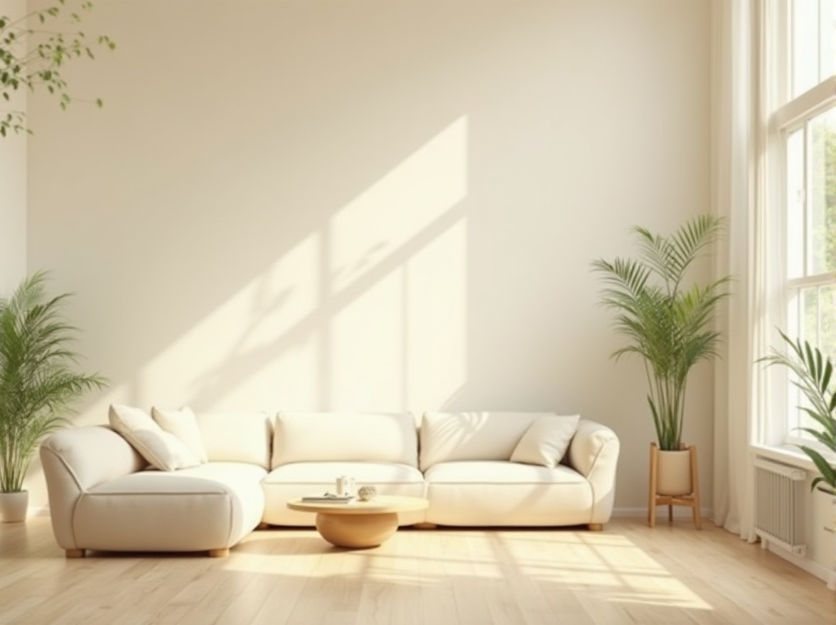 Prompt: Cream-colored wall, soft focus, calming ambiance, peaceful atmosphere, relaxing mood, modern minimalist interior design, solo furniture, simple decorations, natural light pouring through large windows, subtle shadows, gentle curves, smooth texture, cream-colored sofa, matching coffee table, few green plants, warm beige floor, subtle wood grain, softbox lighting, 3/4 composition, shallow depth of field.