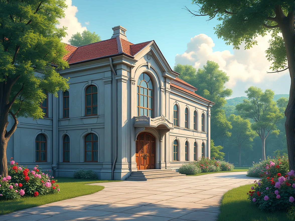 Prompt: Regionalism style school building, incorporating Azure color, calm atmosphere, surrounded by lush green trees, vibrant flowers blooming, warm sunlight filtering through clouds, soft shadows on walls, intricate stone carvings, ornate wooden doors, large windows with Azure blue trims, ceramic roof tiles in soft Azure hue, subtle gradient effect, gentle breeze rustling leaves, peaceful ambiance, soft focus, natural light, 3/4 composition.