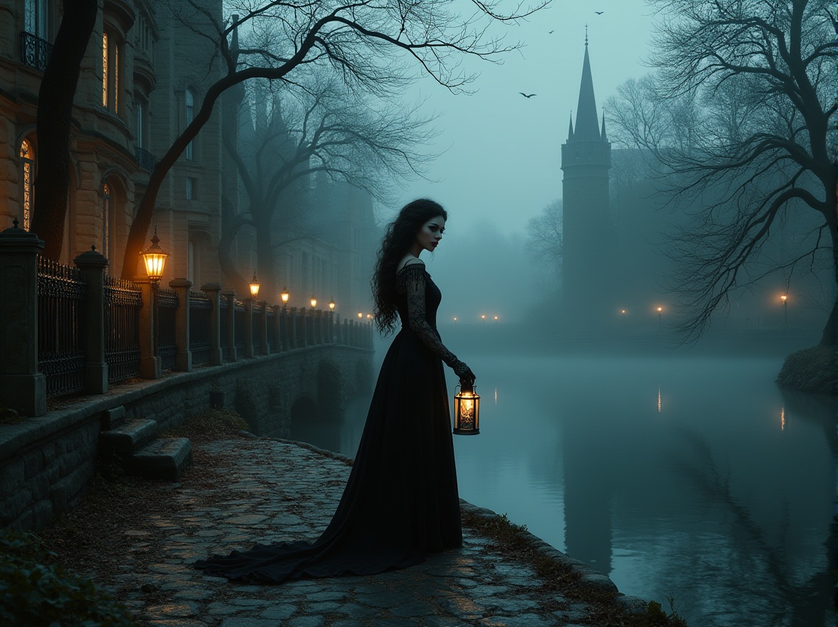 Prompt: Lakefront scenery, mysterious misty atmosphere, dimly lit, Baroque Gothic architecture, intricate stone carvings, grandiose spires, stained glass windows, ornate iron fences, eerie ambiance, dark romantic tone, solo female figure, long curly hair, pale skin, dark eyeliner, red lips, lace gloves, black Victorian dress, fishnet stockings, high heels, holding a lantern, standing at the lake's edge, surrounded by twisted trees, overgrown with vines, fog rolling in from the distance, soft misty lighting, warm color palette, cinematic composition.