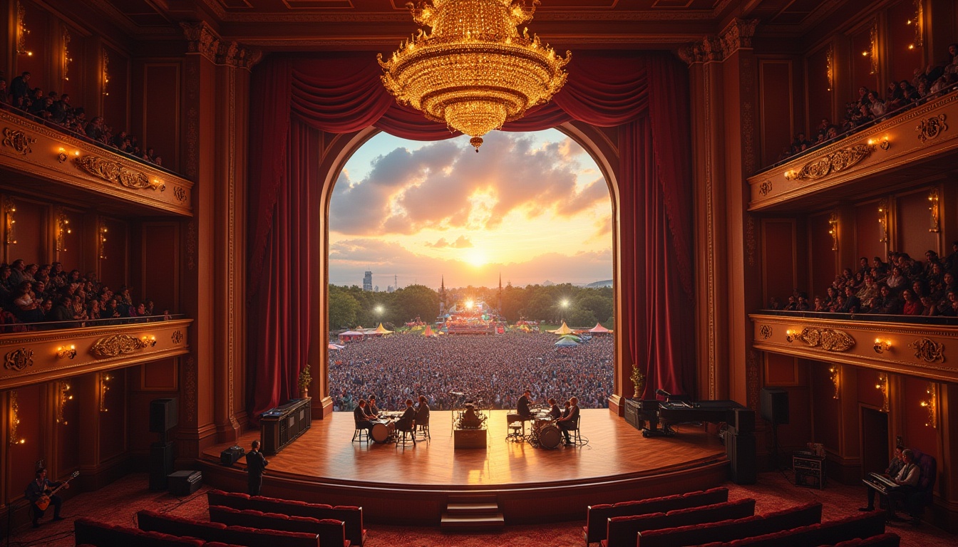 Prompt: Indoor concert hall, grand chandelier, velvet curtains, wooden stage, acoustic panels, spotlights, drum set, electric guitars, piano, microphone stands, soundboard, audience seating, balconies, ornate moldings, luxurious carpeting, intimate setting, warm lighting, 3/4 composition, low-angle shot, fisheye lens, shallow depth of field, vibrant colors, or outdoor music festival, summer afternoon, lush green grass, colorful tents, stage scaffolding, massive sound systems, crowds of people dancing, food stalls, beer gardens, sunny sky with puffy clouds, warm ambient lighting, panoramic view.