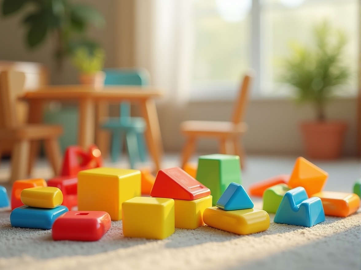 Prompt: Colorful kindergarten, plastic material, educational toys, blocks, cubes, shapes, primary colors, shiny surface, smooth texture, rounded edges, safe for children, play area, wooden tables, tiny chairs, green plants, soft carpet, natural light, warm atmosphere, 3/4 composition, shallow depth of field, bright colors, playful mood.