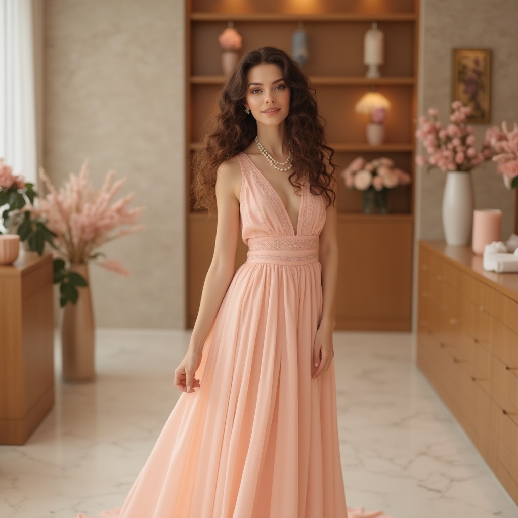 Prompt: Soft peach tone, pastel color palette, feminine, elegant, modern lady, gentle smile, curly brown hair, subtle makeup, pearl necklace, fitted waist, flowy maxi dress, lace details, high heels, boutique store interior, marble floor, wooden shelves, flower vases, warm lighting, soft focus, shallow depth of field, 3/4 composition.