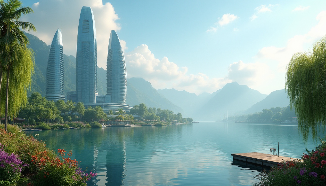 Prompt: Lakefront skyscrapers, futuristic architecture, merging nature, serene lake water, reflection of building, surrounded by lush greenery, palm trees, weeping willows, blooming flowers, vibrant colors, wooden dock, sailboats, distant misty mountains, soft morning light, panoramic view, 3/4 composition, cinematic atmosphere, realistic details.