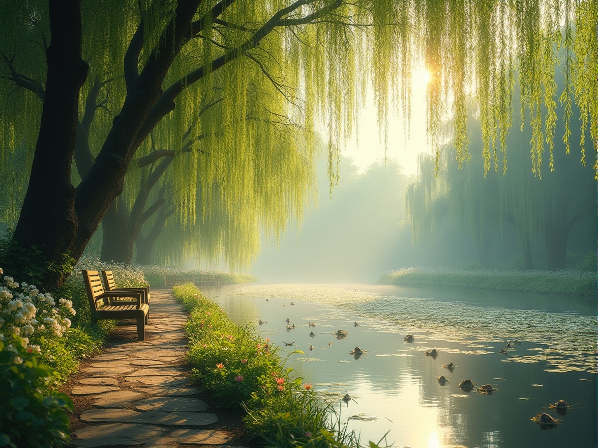 Prompt: Riverbank scene, harmony with nature, serene atmosphere, lush greenery, blooming flowers, weeping willows, gentle breeze, soft sunlight filtering through leaves, wooden benches, natural stone pathways, river flowing gently, water lilies, fish swimming, birds flying overhead, misty morning, warm afternoon light, cinematic composition, 3/4 view, shallow depth of field, vibrant colors, realistic textures.