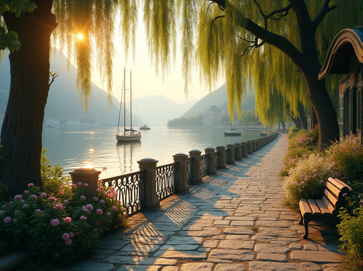 Prompt: Elegant riverbank scene, classicism style, serene atmosphere, sunny afternoon, gentle breeze, soft warm lighting, tranquil water reflection, lush greenery, weeping willows, blooming flowers, old stone benches, ornate iron railings, worn cobblestone path, few sailboats docked, distant misty mountains, 3/4 composition, panoramic view, high dynamic range, cinematic mood, romantic ambiance.