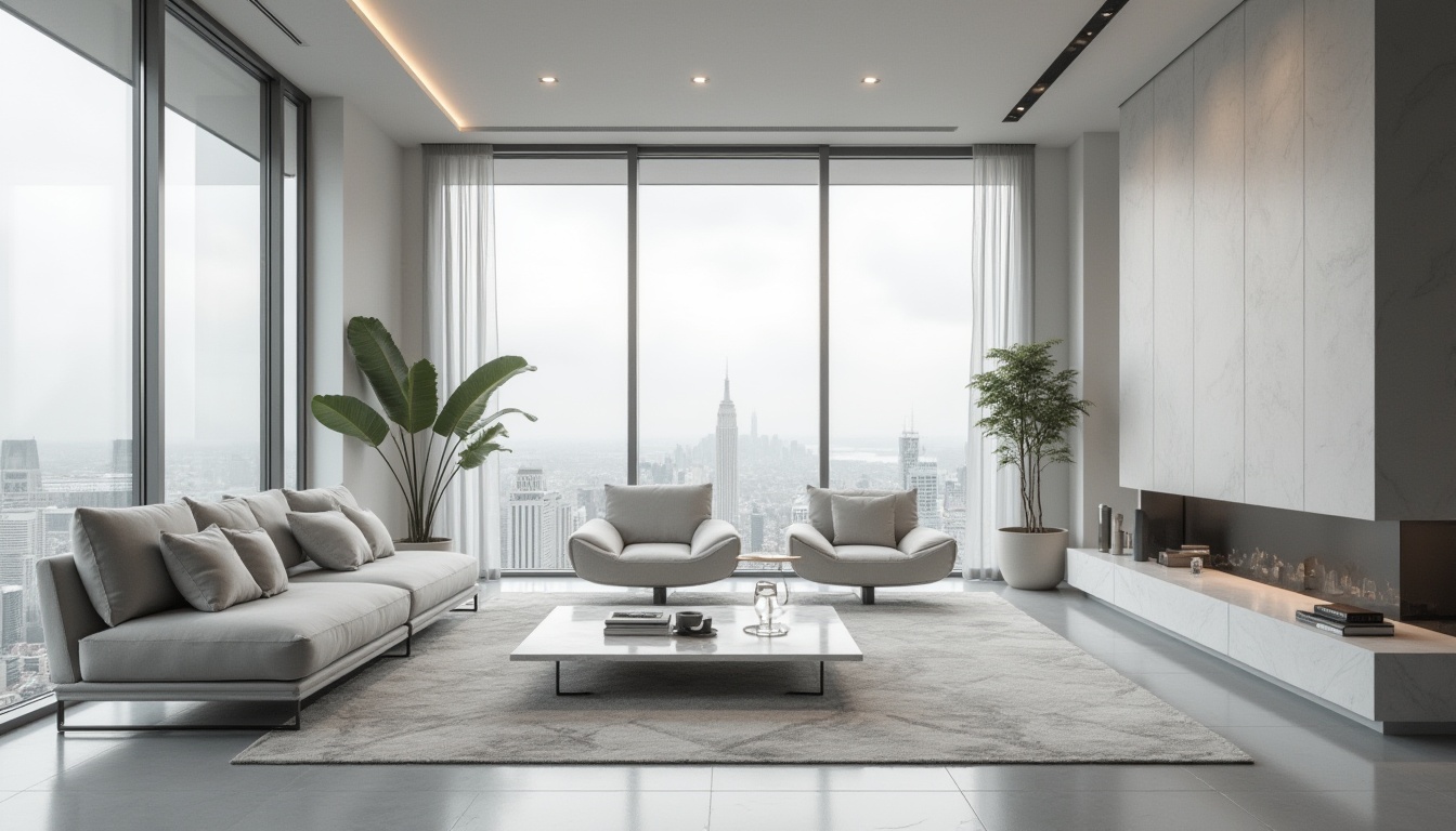 Prompt: Modern interior design, light gray walls, sleek minimalistic decor, large floor-to-ceiling windows, panoramic view, 3/4 composition, soft natural lighting, Scandinavian-style furniture, low-profile sofa, marble coffee table, geometric-patterned rug, metallic accents, urban cityscape outside, distant skyscrapers, cloudy sky, gentle shadows, high-end appliances, ambient Occlusion, cinematic rendering.