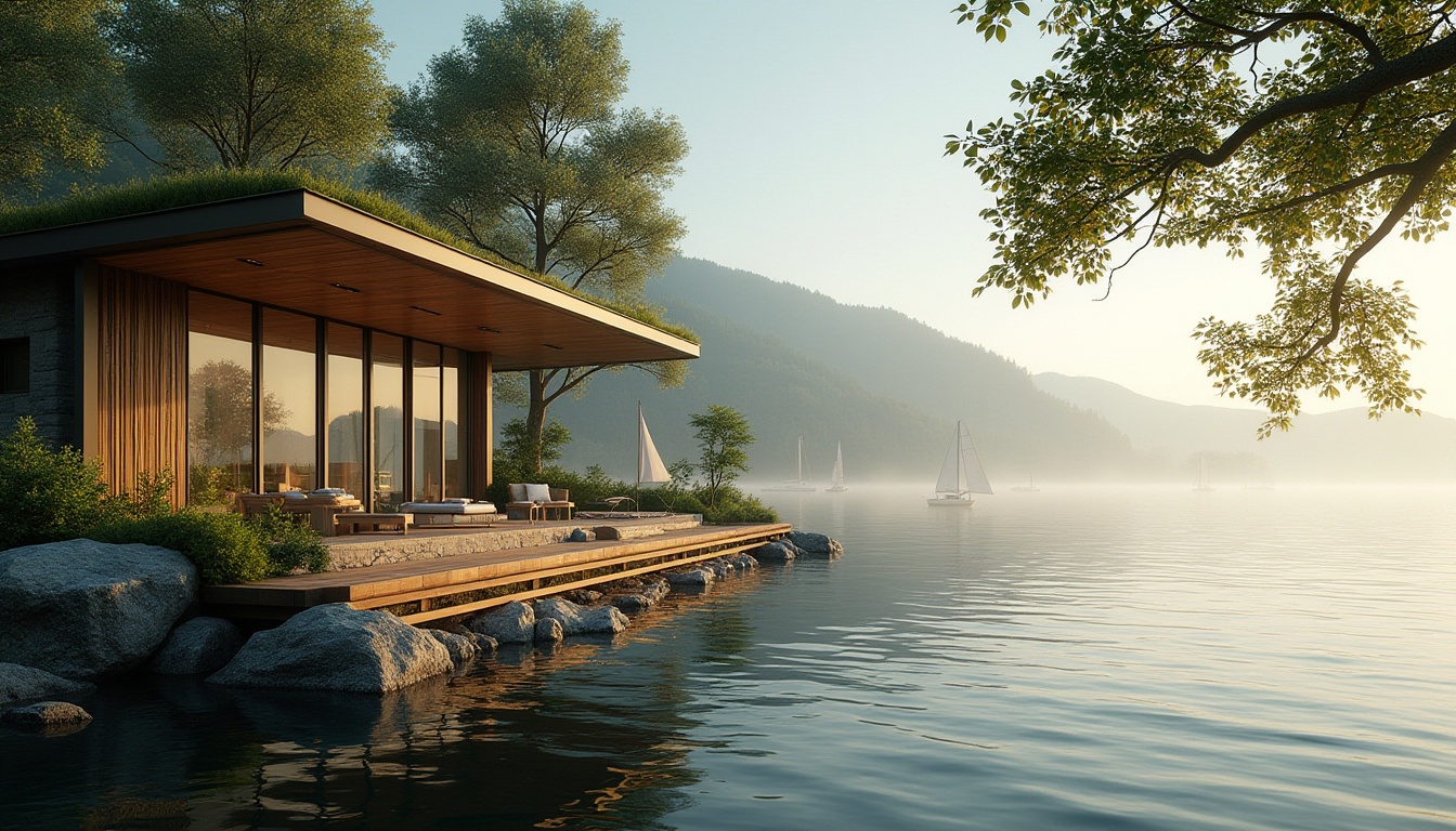 Prompt: Lakefront villa, modern architecture, large windows, sliding glass doors, natural stone walls, wooden accents, green roof, lush vegetation, overhanging trees, serene lake view, calm water reflection, sailboats in the distance, misty morning atmosphere, soft golden lighting, 3/4 composition, depth of field, ambient occlusion, realistic materials, cinematic mood.