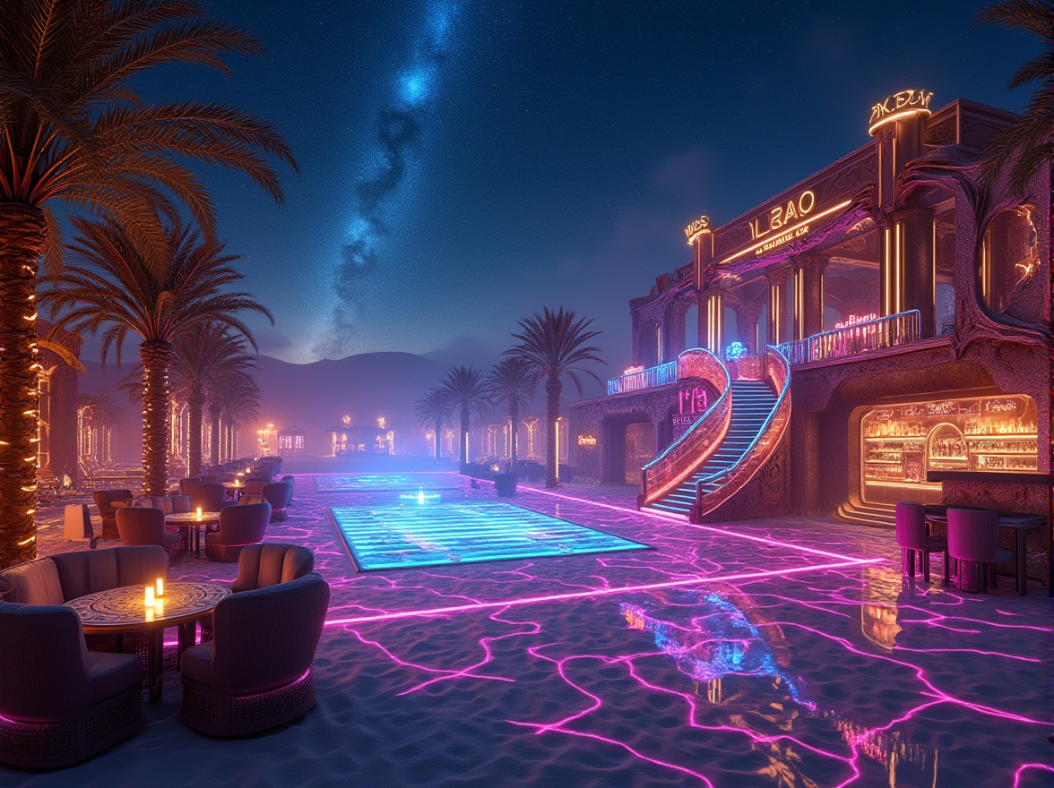 Prompt: Desert-inspired night club, futuristic, neon lights, intricate metal structures, sandy dunes, starry night sky, luxurious VIP area, glowing bar counters, holographic dance floor, mirror-like reflective surfaces, metallic palm trees, LED light installations, majestic archways, grand staircase, lavish lounge seats, velvet ropes, ambient mist, atmospheric smoke, cinematic lighting, 3/4 composition, wide-angle lens.