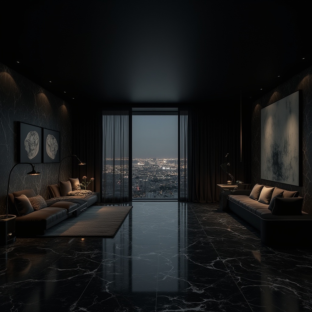 Prompt: Dark background, abstract composition, modern design, luxurious atmosphere, black marble floor, high ceilings, cityscape view, metropolitan vibes, sleek lines, metallic accents, elegant furniture, mysterious ambiance, dramatic lighting, low-key color palette, sophisticated mood, contemporary art pieces, minimalist decor.